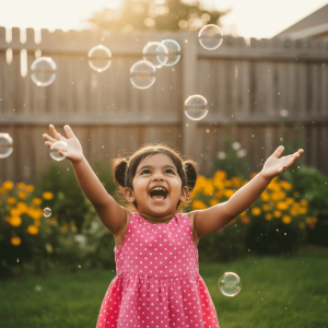 Children enjoying bubble playtime at preschool playground